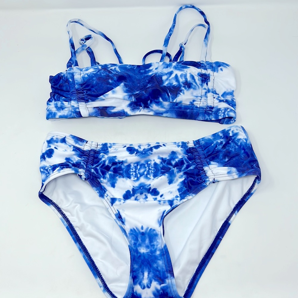 Blue White Tye-Dye 2-Piece Bikini Swimsuit Set Size Small Excellent Condition